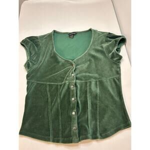 Moda International Velvet Top Green Snap Front Y2K Short Sleeve Womens Size L